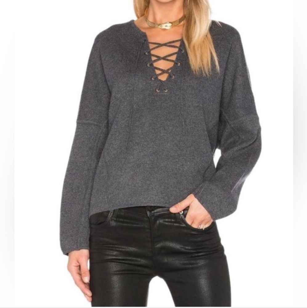 Vince Merino Cashmere Blend Lace Up Sweater Heather Graphite Sz S